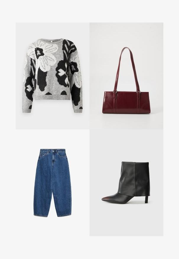 Gebreide trui in grijs met een bloemenpatroon en zwarte en witte accenten. Ronde hals, geribde zoom en mouwen, ontspannen pasvorm.; Blauwe denim jeans met een hoge taille, een ontspannen pasvorm en rechte pijpen. Klassiek ontwerp met vijf zakken en een ritssluiting met knoop.; Zwarte enkellaars van glad leer met een puntige neus en een taps toelopende hak. Het bovenwerk heeft een licht geplooid ontwerp.; Bourgondische handtas van glanzend materiaal, rechthoekige vorm, met twee schouderbanden en subtiele gebogen accenten aan de voorkant.