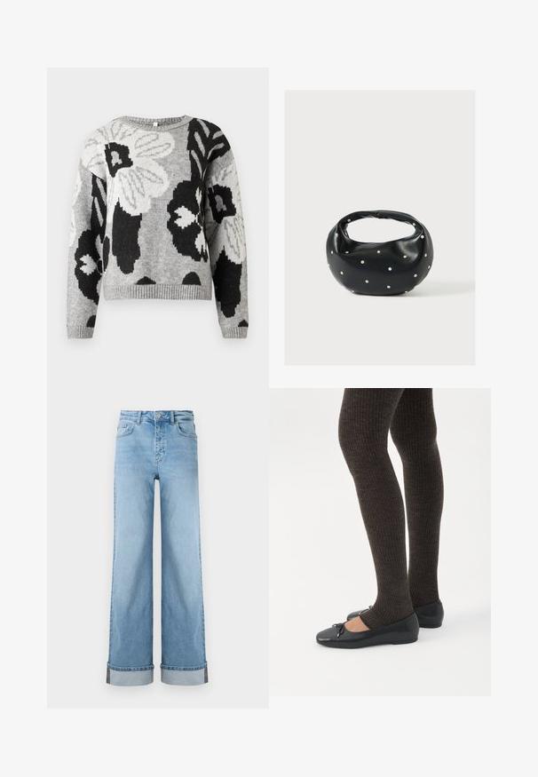 Pull en tricot gris avec un motif floral, accents noirs et blancs. Col rond, ourlet et poignets côtelés, coupe décontractée.; Jean large bleu clair en denim classique avec une taille haute, présentant des ourlets retroussés et des coutures visibles.; Jambes portant des leggings côtelés foncés associés à des ballerines noires avec de petits détails en nœud sur fond blanc.; Sac à main en cuir noir de forme arrondie, décoré de clous argentés et équipé d'une poignée courte. Texture lisse et fermeture éclair.