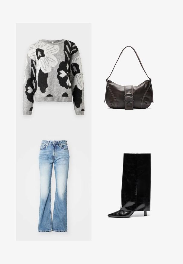 Suéter de punto en gris con un patrón floral en tonos blanco y negro. Cuello redondo, dobladillo y puños acanalados, corte relajado.; Jeans de tiro alto, acampanados, en azul con un lavado desgastado, hechos de denim. Presentan un diseño de cinco bolsillos y costuras visibles a lo largo de los bordes.; Botín de cuero negro hasta el tobillo con punta afilada y tacón cuadrado, que presenta un caña alta y brillante y un acabado texturizado en la parte inferior.; Bolso de hombro de cuero marrón con forma curva, que presenta un prominente detalle de hebilla, costuras en contraste y una sola correa para el hombro.
