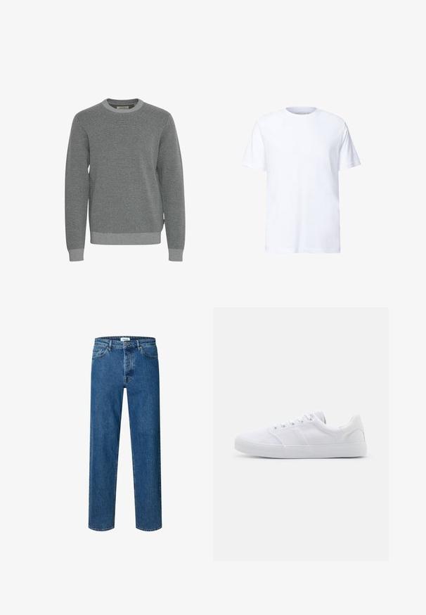 Grå striktrøje med rund halsudskæring, lange ærmer og ribbede manchetter. Har en struktureret stof og et subtilt mønster hele vejen igennem.; En simpel hvid T-shirt med korte ærmer og rund halsudskæring, der har en afslappet pasform, præsenteret mod en hvid baggrund.; Blå straight-leg denim jeans med knap- og lynlåslukning, bæltestropper og fem-lomme-design.; Hvide lærreds sneakers med gummisål, der har seks snørehuller, en struktureret tåkap og et minimalistisk design.