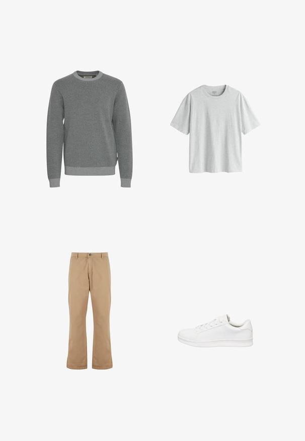 Grå striktrøje med rund halsudskæring, lange ærmer og ribbede manchetter. Har en struktureret stof og et subtilt mønster hele vejen igennem.; Lysegrå T-shirt med korte ærmer lavet af et blødt, glat stof med rund hals og løs pasform. Ingen synlige mønstre eller grafik.; Beige bomuldsbukser med lige pasform, der har knaplukning, forlommer og en glat tekstur.; Lavtop hvid sneaker med snørebånd, glat læderoverdel, polstret krave og tyk gummisål, vist i sideprofil på hvid baggrund.