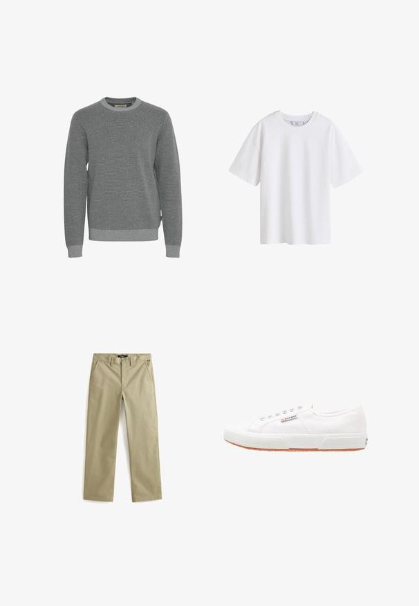 Grå striktrøje med rund halsudskæring, lange ærmer og ribbede manchetter. Har en struktureret stof og et subtilt mønster hele vejen igennem.; Simpel hvid kortærmet bomuld t-shirt med rund hals, vist forfra på hvid baggrund.; Beige bomulds chinos med lige ben design, der har to forlommer og en klassisk knaplukning. Glat tekstur, minimale detaljer.; Hvide kanvas sneakers med gummisål, snørebåndsdesign og et lille logo mærke på siden. Tekstureret hvid overdel og brun ydersål.