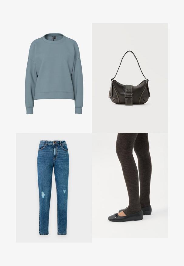 Sweat-shirt bleu clair à col rond avec manches longues et poignets côtelés, présentant une coupe légèrement courte et décontractée.; Jean skinny bleu taille haute avec détails usés sur les cuisses et les poches, doté d'une fermeture à bouton et zip.; Jambes portant des leggings côtelés foncés associés à des ballerines noires avec de petits détails en nœud sur fond blanc.; Sac à épaule en cuir noir avec une sangle à boucle, des bords arrondis et des coutures blanches contrastées sur un fond uni.