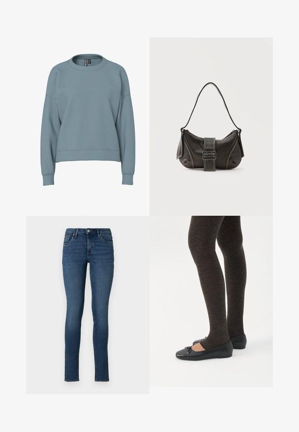 Lichtblauwe crewneck-sweatshirt met lange mouwen en geribbelde manchetten, met een licht cropped, relaxte pasvorm.; Dunne blauwe jeans van denim met een normale taille, vijf zakken en een vervaagde was, met standaard stiksels en een ritsluiting.; Benen met donkere geribbelde leggings gecombineerd met zwarte ballerina's met kleine strikdetails op een witte achtergrond.; Zwarte leren schoudertas met gespsluiting aan de riem, afgeronde hoeken en contrasterende witte stiksels op een effen achtergrond.