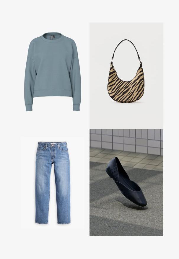 Sweat-shirt bleu clair à col rond avec manches longues et poignets côtelés, présentant une coupe légèrement courte et décontractée.; Jeans en denim bleu clair avec une coupe droite, cinq poches et une fermeture éclair. Le tissu a une finition texturée classique avec un léger dégradé.; Chaussure plate en cuir noir avec talon texturé, flottant au-dessus d'un trottoir gris près d'un mur en carrelage beige.; Sac à épaule en imprimé zèbre beige et noir avec un fond en courbe et une seule poignée noire, photographié sur un fond blanc uni.
