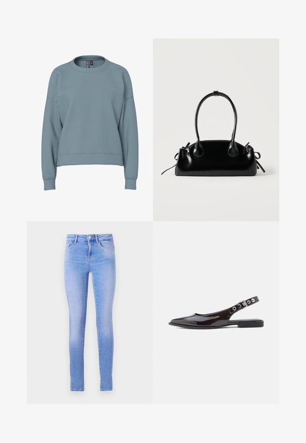 Sweat-shirt bleu clair à col rond avec manches longues et poignets côtelés, présentant une coupe légèrement courte et décontractée.; Jean skinny bleu clair avec un délavage, comprenant un design à cinq poches, une fermeture à bouton à l'avant et un ourlet net.; Ballerines slingbacks en cuir verni noir avec bout pointu, talon plat et bride ajustable ornée de ferrures argentées et d"oeillets.; Petit sac à main noir brillant avec deux longues anses et des détails à cordon sur les côtés sur un fond clair uni.