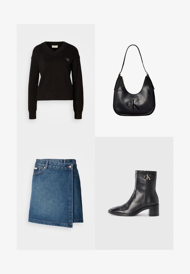 Pull en tricot noir avec un col en V, des poignets et un ourlet côtelés. Présente un logo rectangulaire sur le devant en haut à gauche. Texture douce.; Jupe en denim bleu moyen avec un design en portefeuille, dotée d'une fermeture à bouton et à zip, et de coutures visibles le long de l'ourlet.; Botte de cheville en cuir noir avec un bout pointu, un talon carré et une sangle avec un détail de logo métallique. Texture lisse et design minimaliste.; Sac d'épaule en cuir noir avec fermeture éclair dorée, présentant un logo "cK" en relief sur le devant et une bandoulière unique pour le porter.