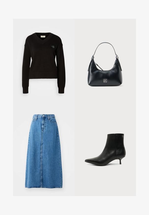 Pull en tricot noir avec un col en V, des poignets et un ourlet côtelés. Présente un logo rectangulaire sur le devant en haut à gauche. Texture douce.; Jupe maxi en denim bleu avec une fermeture à boutons à l'avant, deux poches et un design droit avec un ourlet brut. Classique et polyvalente.; Bottine en cuir noir avec bout pointu et petit talon kitten sur fond clair, vue côté extérieur.; Sac à épaule en cuir noir avec une seule poignée, fermeture éclair et un petit logo carré en argent à l'avant.