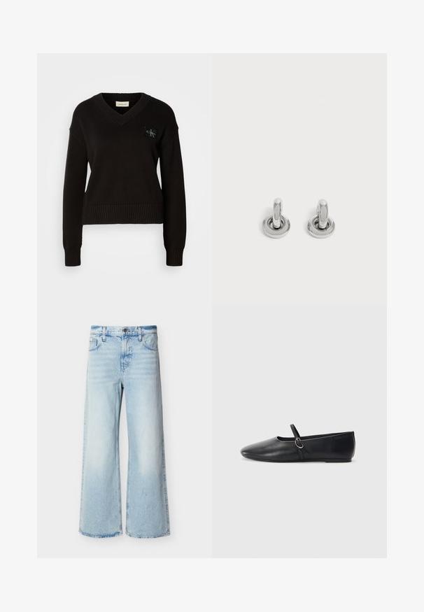 Suéter negro de punto con escote en V, puños y dobladillo acanalados. Presenta un parche de logo rectangular en la parte superior izquierda del frente. Textura suave.; Jeans azul claro de talle alto con pierna ancha, bolsillos frontales, trabillas para cinturón y cierre de botón.; Bailarinas de cuero negro con punta afilada, suela plana y una pequeña correa con detalle de hebilla plateada.; Par de pequeños pendientes de aro plateados brillantes con base redonda, exhibidos sobre un fondo claro y liso.