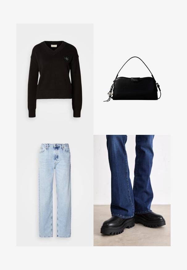 Suéter negro de punto con escote en V, puños y dobladillo acanalados. Presenta un parche de logo rectangular en la parte superior izquierda del frente. Textura suave.; Jeans de pierna ancha en azul claro, confeccionados en denim, con una cintura alta, un lavado desgastado y un sutil patrón de tie-dye en la parte delantera.; Botas de plataforma negras gruesas con suelas de goma texturizada, punta redondeada y parte superior de cuero suave, combinadas con jeans de campana azules.; Bolso rectangular negro de Calvin Klein con una única correa superior, dije con el logo plateado y un pequeño cierre de solapa en la parte frontal.