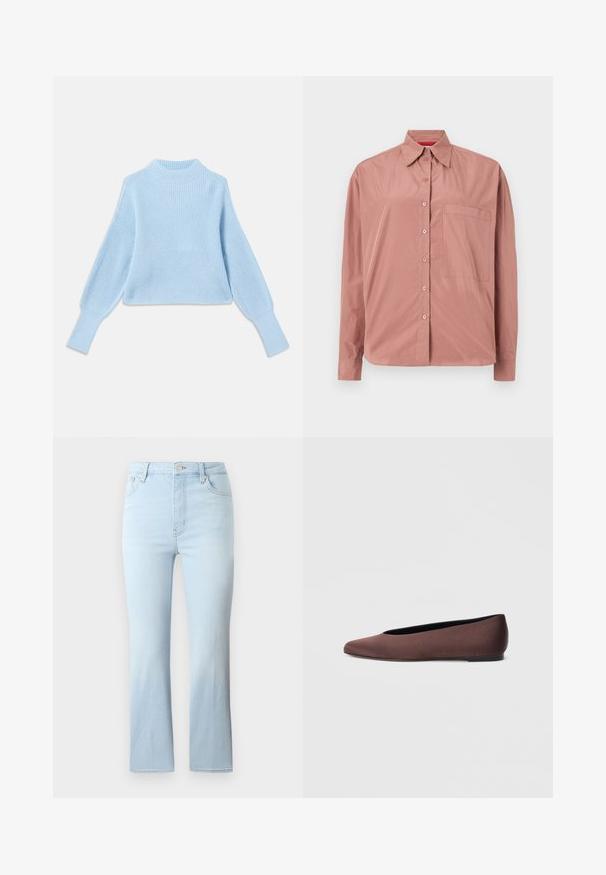 Suéter de punto azul claro con cuello alto, textura acanalada y mangas abullonadas, con puños ajustados y un diseño corto.; Camisa de manga larga y con botones en rosa polvo, fabricada con una tela suave. Presenta un bolsillo en el pecho y un cuello estructurado. Los botones son del mismo color.; FRAME THE REBOOT CROP - Vaqueros bootcut - light blue; Zapatillas de ballet de tela marrón con punta puntiaguda y textura suave, con parte trasera baja y suela negra fina. Sin patrones visibles ni elementos metálicos.