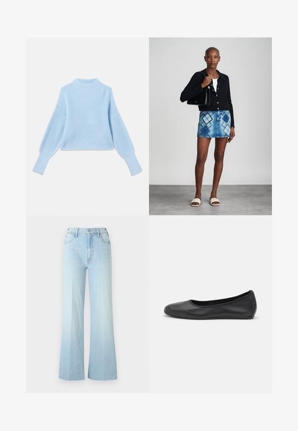 Lichtblauwe gebreide trui met een hoge hals, geribbelde textuur en ballonmouwen, met aansluitende boorden en een cropped ontwerp.; Lichtblauwe high-waist jeans met wijde pijpen, voor voorzien van knoop, rits en zakken, afgebeeld op een effen witte achtergrond.; Zwarte leren ballerina met een ronde neus, gladde textuur, minimale stikdetails en een flexibele zoolontwerp.; Zwarte gebreide cardigan, witte top, denimrok met blauw en zwart ruitpatroon, zwarte handtas en beige instapsandalen.