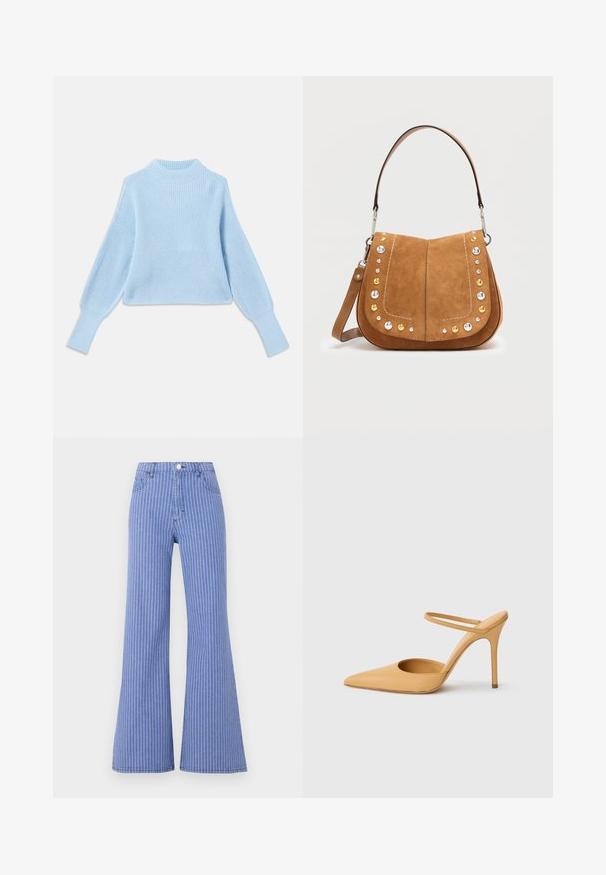 Pull en maille bleu clair avec un col montant, texture côtelée et manches ballons, doté de poignets ajustés et d'un design court.; Pantalon large taille haute bleu à fines rayures verticales blanches, fermeture à boutons sur le devant et poches avant sur un fond clair.; Chaussure à talon aiguille beige à bout pointu avec une fine bride de cheville sur fond blanc.; Sac à main en daim marron à la forme courbée, orné de clous métalliques décoratifs en argent, or et bronze sur le devant, avec des coutures blanches.