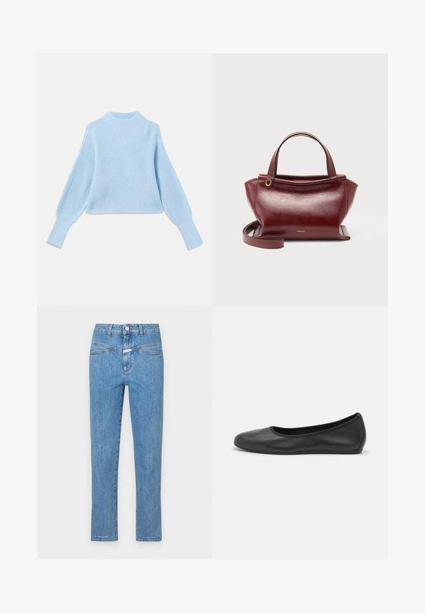 Pull en maille bleu clair avec un col montant, texture côtelée et manches ballons, doté de poignets ajustés et d'un design court.; Jeans en denim bleu clair avec une coupe droite, cinq poches et une fermeture à bouton. Présente une texture légèrement délavée et un minimum de coutures.; Ballerines en cuir noir avec un bout rond, texture lisse, détails de couture minimalistes et design de semelle flexible.; Sac à main en cuir rouge foncé avec doubles poignées supérieures, bandoulière amovible, ferrures dorées et nom de la marque Wandler au centre avant.
