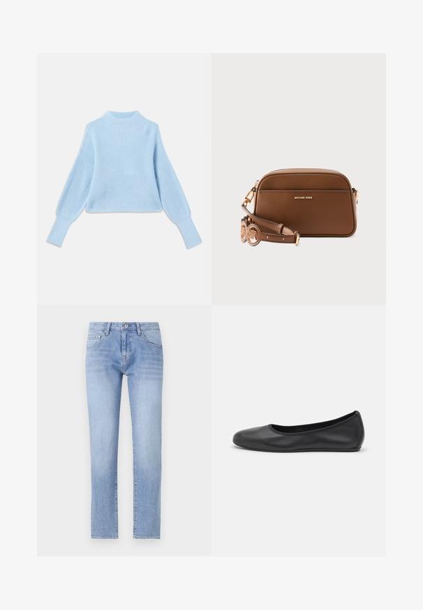 Lichtblauwe gebreide trui met een hoge hals, geribbelde textuur en ballonmouwen, met aansluitende boorden en een cropped ontwerp.; Lichtblauwe denim jeans met een recht model, vijf-pocketontwerp en lichte wassing. Beschikt over een knoopsluiting en standaard ceintuurlussen.; Zwarte leren ballerina met een ronde neus, gladde textuur, minimale stikdetails en een flexibele zoolontwerp.; Bruine leren crossbodytas met gouden hardware, afgeronde hoeken en een verstelbare riem met cirkelvormige uitsnijdingen als ontwerpaccenten.