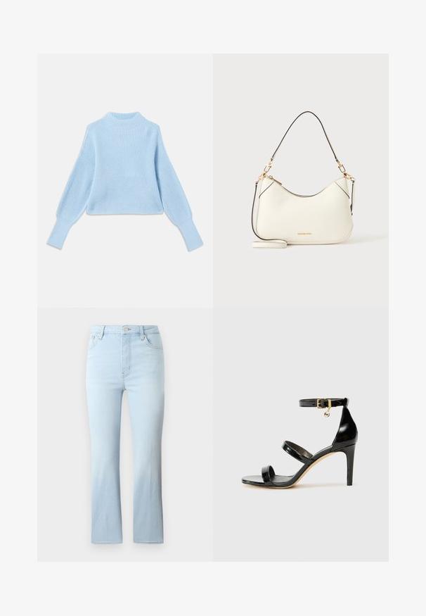 Lichtblauwe gebreide trui met een hoge hals, geribbelde textuur en ballonmouwen, met aansluitende boorden en een cropped ontwerp.; FRAME THE REBOOT CROP - Bootcut jeans - light blue; Zwarte gepatineerde leren sandaal met drie banden, enkelgesp en 10 cm hoge stiletto hak. Bevat gouden hardwaredetails en een logo charm.; Witte leren schoudertas met goudkleurige hardware, zwarte biezen en afneembare schouderriem. Michael Kors-logo in goud onderaan in het midden.