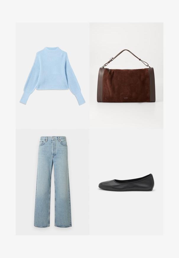 Lichtblauwe gebreide trui met een hoge hals, geribbelde textuur en ballonmouwen, met aansluitende boorden en een cropped ontwerp.; Lichtblauwe wijde jeans van denimstof met een hoge taille. Voorzien van vijf zakken, een knoopsluiting en een subtiele verweerde textuur.; Zwarte leren ballerina met een ronde neus, gladde textuur, minimale stikdetails en een flexibele zoolontwerp.; Bruine suède tas met gladde bruine leren accenten, voorzien van een handvat aan de bovenkant, ritssluiting en een schoon, minimalistisch ontwerp.
