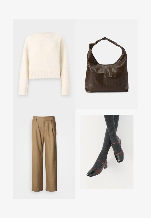 Cremefarvet cropped sweater i et blødt, tekstureret stof. Har en rund halsudskæring og ribbede mansjetter med sænkede skuldre for en afslappet pasform.; Brune bukser med vide ben i et struktureret stof, med frontplisseringer og en klassisk linning. Lige snit med en løs pasform.; Burgunderrøde læder Mary Jane-sko med en sort laktoej og tynd ankelrem; båret med mørkegrå ribbede strømper. Lav blokhæl.; Brun flettet lædertaske med en blød, slasket form, et enkelt håndtag og en tekstureret overflade. Den har en blød, blank finish og afrundede kanter.