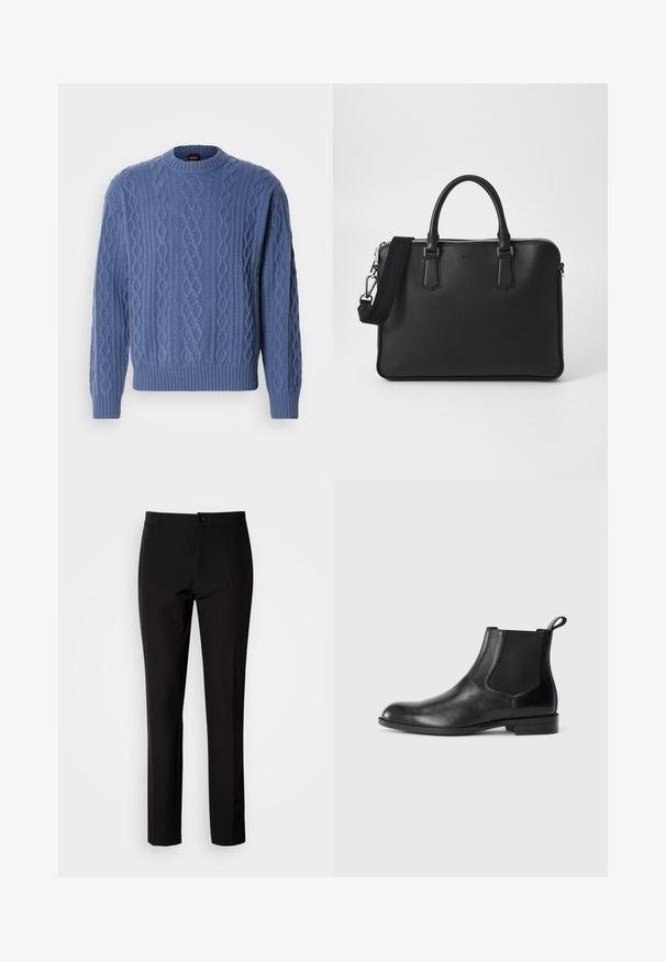 Blå strikket sweater med kabelmønster, rund hals og ribbede manchetter og kant. Blød tekstur og medium vægt.; Sorte bukser lavet af glat stof, med lige ben, lukkes med knapper foran og har diskrete sidelommer. Enkelt og skræddersyet udseende.; Sorte læder ankelstøvler med elastiske sidepaneler, rund tå og en trækloft. Glat tekstur, flad sål, minimalistisk design.; Sort lædertaske med struktureret overflade, doble håndtag og en aftagelig skulderrem. Har sølvfarvede lynlåse og minimalistiske designelementer.