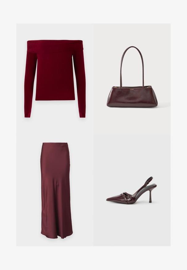 Pull bordeaux à épaules dénudées avec des manches longues, texture côtelée et coupe ample. Fabriqué à partir d'un matériau doux et extensible.; Jupe maxi en satin bordeaux avec une taille ajustée et un ourlet évasé, présentant une texture lisse et sans motifs ni ornements visibles.; Escarpin slingback en cuir verni bordeaux avec bout pointu, fine bride à la cheville et petit détail décoratif de boucle. Texture lisse et talon haut.; Sac à main rectangulaire en cuir marron foncé avec longues lanières fines et fermeture éclair dorée, marqué ALDO au centre devant.