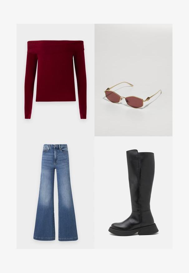Bordeaux off-the-shoulder sweater med lange ærmer, ribbet tekstur og boxy form. Fremstillet af et blødt, strækbart materiale.; Good American GOOD WAIST PALAZZO COMPRESSION - Flared jeans - indigo; Bianco BIAHAILEY KNEE HIGH BOOT - Høje støvler/ Støvler - black; Jimmy Choo Solbriller - gold-coloured