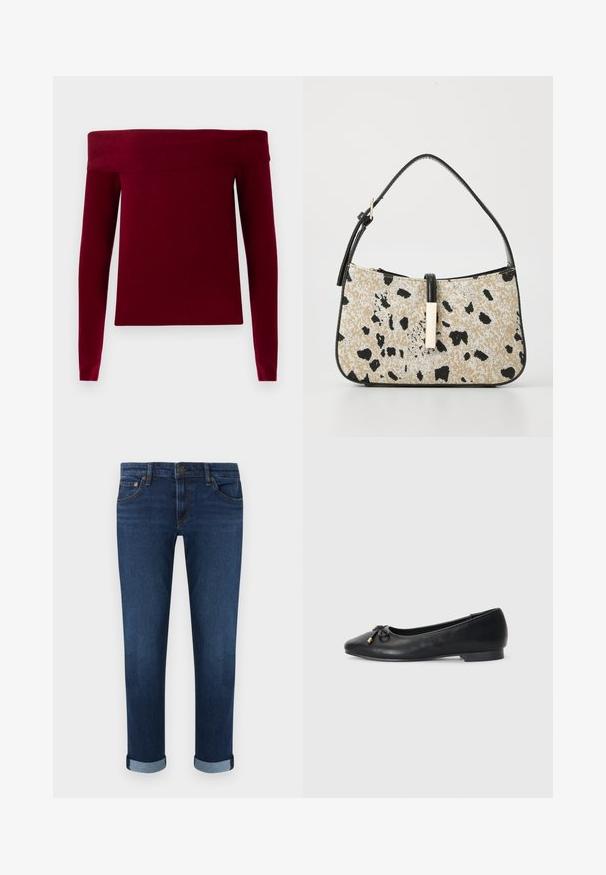 Bordeaux off-the-shoulder sweater med lange ærmer, ribbet tekstur og boxy form. Fremstillet af et blødt, strækbart materiale.; Mørkeblå denimjeans med op rullede manchetter, forlommer, bæltestropper og knaplukning.; Sort læder balletflade med spids tå, med en lille sløjfedetail og gyldne accenter, samt en lav, rund hæl.; Vegan læderhåndtaske med et beige og sort plettet mønster, der har en sort rem og en guldfarvet detalje i midten. Glat tekstur.