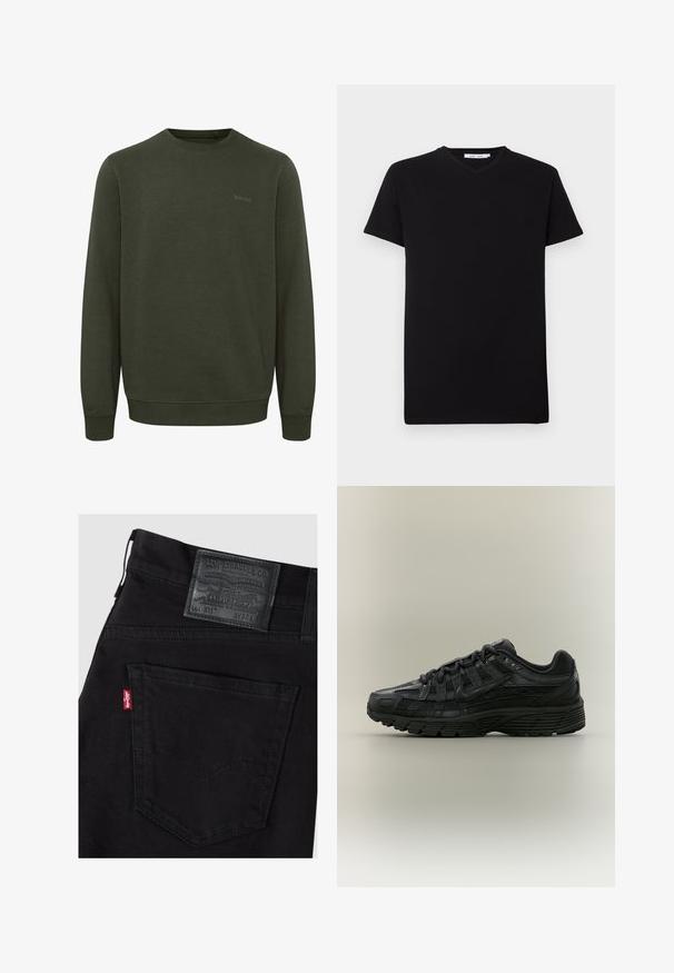 Olivengrøn sweatshirt lavet af blødt stof, med rund halsudskæring, lange ærmer og ribkant. Diskret "blend" logo i matchende farve.; Sort bomulds T-shirt med korte ærmer og V-hals. Simpelt design, ensfarvet og blød tekstur. Ingen synlige mønstre eller detaljer.; Sort Levi's jeans med baglomme til højre med rød Levi's-mærkat og sort lædermærke med størrelse W32 L.; Sort Nike løbesko med mesh og syntetisk overdel, snørelukning og tekstureret sål, vist fra venstre side på en ensfarvet baggrund.