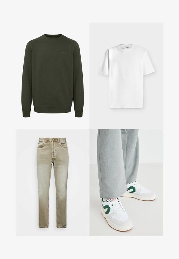 Olivgrüner Sweatshirt aus weichem Stoff, mit rundem Halsausschnitt, langen Ärmeln und gerippten Bündchen. Subtiles "blend"-Logo in passender Farbe.; Schlichtes weißes T-Shirt mit kurzen Ärmeln und Rundhalsausschnitt, flach auf einem hellgrauen Hintergrund liegend mit einem kleinen Markenlabel im Halsausschnitt.; Dr.Denim DASH - Jeans Tapered Fit - dark emerald worn; Weiße und grüne Sneakers aus glattem Leder und Wildleder, mit einem auffälligen grünen Logo-Akzent und weißen Schnürsenkeln. Graue Hosen sind teilweise sichtbar.