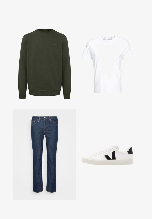 Olivengrøn sweatshirt lavet af blødt stof, med rund halsudskæring, lange ærmer og ribkant. Diskret "blend" logo i matchende farve.; Hvid bomulds t-shirt med rund halsudskæring og korte ærmer, i en klassisk pasform og glat tekstur. Ingen mønstre eller hardware synlige.; Mørkeblå lige ben denim jeans med orange søm, fem lommer og en frontknap samt lynlås.; Hvide lædersneakers med sorte ruskindsdetaljer; har en gummisål, rund tå og klassisk snørebåndsdesign. Side logo i sort.