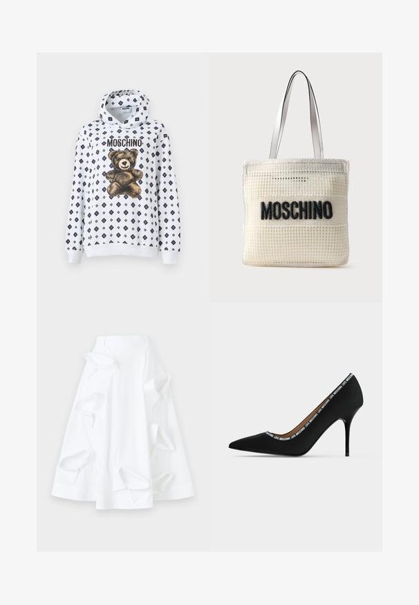 Sweat à capuche blanc avec un motif d'ours en peluche et des motifs en diamant bleu marine. Le matériau semble doux, avec des manches longues et une capuche à cordon de serrage.; Jupe en A blanche en coton, dotée de découpes surdimensionnées et d'une texture lisse. Comprend une taille structurée.; Chaussure noire à talon haut pointu avec talon stiletto et bordure de texte "LOVE MOSCHINO" le long du bord d'ouverture, vue de côté sur fond blanc.; Sac fourre-tout tissé couleur crème avec logo "MOSCHINO" noir sur le devant et bretelles en cuir blanc sur fond uni.