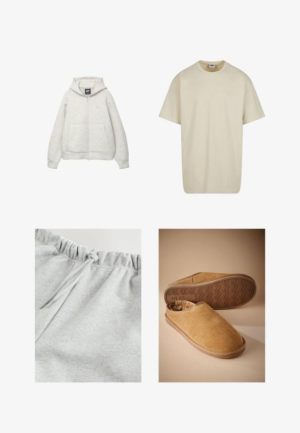 Haut à capuche zippé gris en tissu doux, avec une poche avant, un cordon de serrage à la capuche et un petit logo sur la poitrine.; T-shirt en coton beige clair à manches courtes, col rond et coupe décontractée. Le tissu semble lisse, sans motifs ni accents visibles.; Pantalon de jogging gris clair avec une taille élastique et un cordon de serrage noué à l'avant.; Chaussons marron en daim à enfiler avec une doublure en polaire douce et une semelle en caoutchouc texturée, un chausson montrant la semelle avec le logo "NEXT".