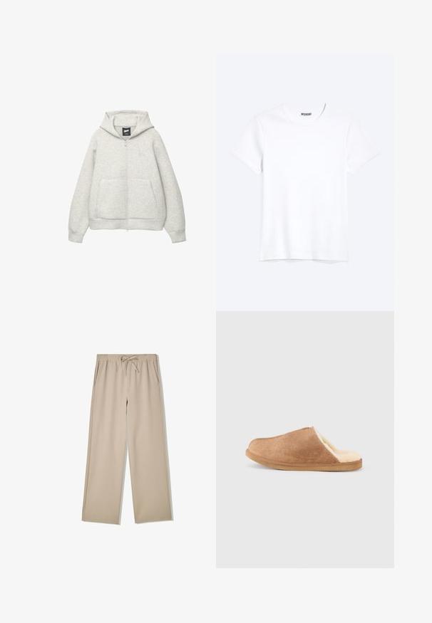 Haut à capuche zippé gris en tissu doux, avec une poche avant, un cordon de serrage à la capuche et un petit logo sur la poitrine.; T-shirt blanc uni à manches courtes et col rond avec une étiquette de la marque WEEKDAY visible au niveau du col, présenté sur un fond clair.; Pantalon beige à jambes larges avec taille élastique et cordon de serrage, doté de poches latérales, posé à plat sur fond blanc.; Chausson en daim marron à enfiler avec une doublure douce en polaire couleur crème et une semelle en caoutchouc, présenté de profil sur un fond blanc.