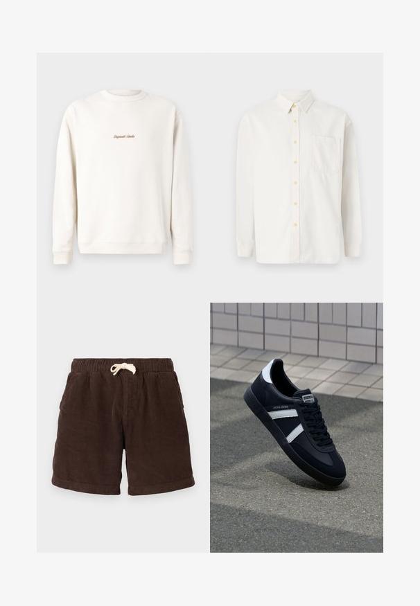 Cremefarbiges Sweatshirt mit geripptem Rundhalsausschnitt und Bündchen. Auf der Brust befindet sich eine kleine goldene Stickerei "Original Studio". Weicher Stoff.; Weißes Langarmhemd aus Baumwollmischung, mit Button-Down-Kragen, gelben Knöpfen und einer einzelnen Brusttasche. Klassische Passform.; Braune Cordshorts mit elastischem Bund, Kordelzugverschluss und seitlichen Taschen. Der Stoff weist vertikale Rippungen und eine strukturierte Oberfläche auf.; Schwarze Leder-Sneaker mit weißen Streifen, strukturiertem Gummisohle und Schnürung. Verfügt über ein Markenetikett auf der Zunge.