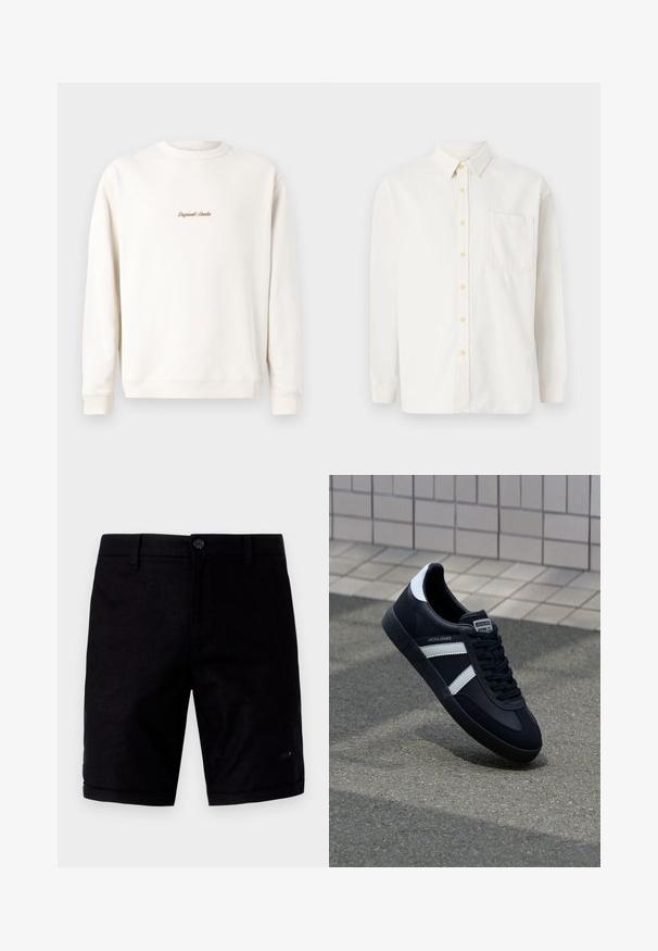 Cremefarbiges Sweatshirt mit geripptem Rundhalsausschnitt und Bündchen. Auf der Brust befindet sich eine kleine goldene Stickerei "Original Studio". Weicher Stoff.; Weißes Langarmhemd aus Baumwollmischung, mit Button-Down-Kragen, gelben Knöpfen und einer einzelnen Brusttasche. Klassische Passform.; Schwarze Shorts mit einer glatten Textur, ausgestattet mit einem Knopfverschluss, traditionellen Taschen und umgeschlagenen Säumen. Hergestellt aus leichtem Stoff.; Schwarze Leder-Sneaker mit weißen Streifen, strukturiertem Gummisohle und Schnürung. Verfügt über ein Markenetikett auf der Zunge.