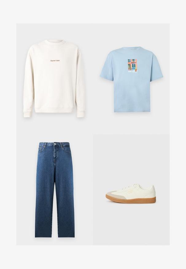 Cremefarbiges Sweatshirt mit geripptem Rundhalsausschnitt und Bündchen. Auf der Brust befindet sich eine kleine goldene Stickerei "Original Studio". Weicher Stoff.; Hellblaues kurzärmeliges Hemd mit einer bunten Grafik einer Hausfassade, einem Fahrrad und einer Topfpflanze in der vorderen Mitte.; Blaue Jeans aus Denim mit gerade geschnittenem Schnitt, hoher Taille und zwei Fronttaschen. Mit klassischer Nahtverzierung und Knopfverschluss.; Sneaker aus weißem Leder mit einer beigen Zehenkappe und leichter brauner Gummisohle. Verfügt über flache weiße Schnürsenkel und geprägtes Branding an der Seite.