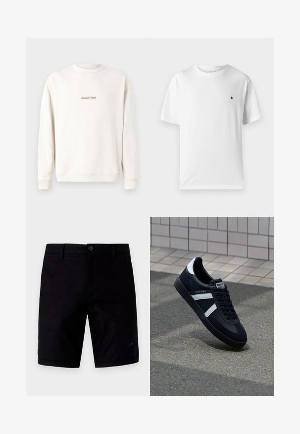 Cremefarbiges Sweatshirt mit geripptem Rundhalsausschnitt und Bündchen. Auf der Brust befindet sich eine kleine goldene Stickerei "Original Studio". Weicher Stoff.; Weißes Baumwoll-T-Shirt mit rundem Halsausschnitt, kurzen Ärmeln und einem kleinen schwarzen Logo auf der Brust. Weicher Stoff, lässige Passform.; Schwarze Shorts mit einer glatten Textur, ausgestattet mit einem Knopfverschluss, traditionellen Taschen und umgeschlagenen Säumen. Hergestellt aus leichtem Stoff.; Schwarze Leder-Sneaker mit weißen Streifen, strukturiertem Gummisohle und Schnürung. Verfügt über ein Markenetikett auf der Zunge.