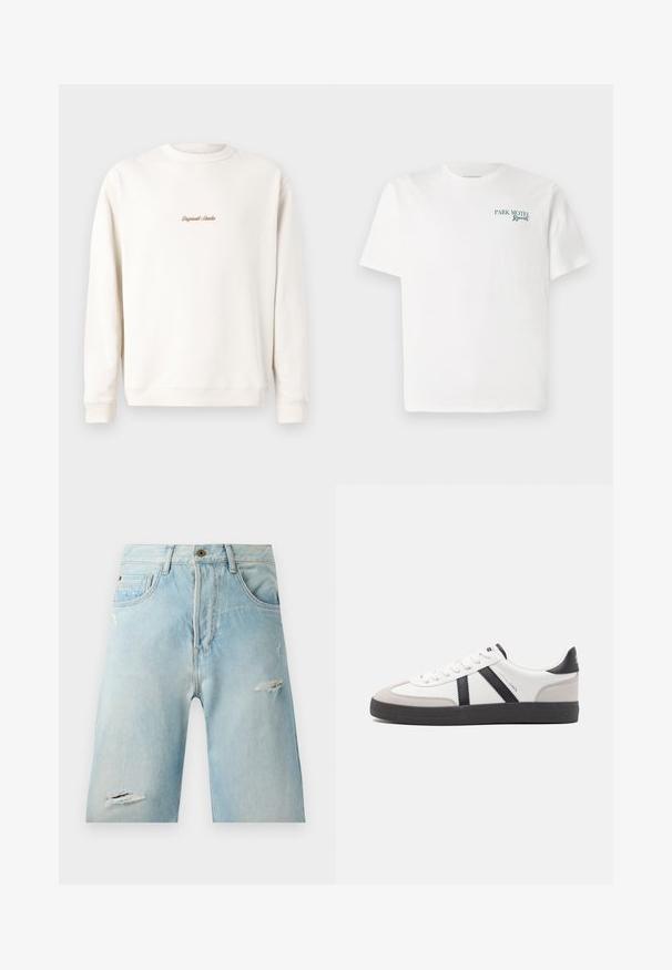 Cremefarbiges Sweatshirt mit geripptem Rundhalsausschnitt und Bündchen. Auf der Brust befindet sich eine kleine goldene Stickerei "Original Studio". Weicher Stoff.; Weißes Baumwoll-T-Shirt mit Rundhalsausschnitt. Auf der Vorderseite steht in grüner Schrift: "PARK MOTEL Resort." Es hat kurze Ärmel und eine lockere Passform. Glatte Textur.; Hellblaue Denim-Shorts mit einer lockeren Passform, featuring distressierte Akzente, seitliche Taschen und einen einzelnen oberen Knopfverschluss.; Weiße Sneaker mit schwarz- und grau-aczenten, ausgestattet mit einer strukturierten grauen Zehenkappe, schwarzer Gummi-Sohle und flachen weißen Schnürsenkeln. Sauberes Design, minimalistische Stil.