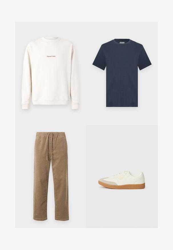 Cremefarbiges Sweatshirt mit geripptem Rundhalsausschnitt und Bündchen. Auf der Brust befindet sich eine kleine goldene Stickerei "Original Studio". Weicher Stoff.; Marineblaue T-Shirt mit kurzen Ärmeln und Rundhalsausschnitt in lässiger Passform, präsentiert vor einem hellgrauen Hintergrund.; Braune Cordhosen mit elastischem Bund und Kordelzug, entspannter Schnitt und geraden Beinen, strukturierte Oberfläche mit gerippetem Muster.; Sneaker aus weißem Leder mit einer beigen Zehenkappe und leichter brauner Gummisohle. Verfügt über flache weiße Schnürsenkel und geprägtes Branding an der Seite.