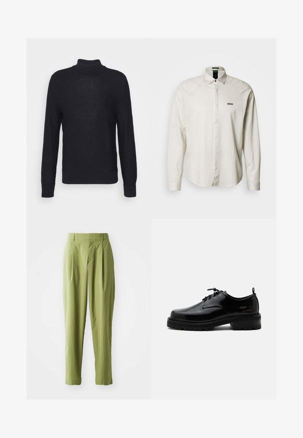 Sort turtleneck sweater lavet af letvævet materiale, med lange ærmer og ribbede manchetter og bund. Subtil tonal branding på brystet.; Langærmet skjorte med striber i lys beige og hvid, med spredt krave, knaplukning og broderet "BOSS"-logo på brystet.; Lys grønne bukser lavet af et struktureret stof, med en lige form, folder foran og en standard talje.; Sort poleret læder snørestøvle med tyk gummisål og lav hæl, sideskilt med mærketekst "SAMSOE" og bageste træksnor.