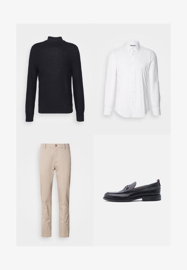 Sort turtleneck sweater lavet af letvævet materiale, med lange ærmer og ribbede manchetter og bund. Subtil tonal branding på brystet.; Hvid langærmet skjorte lavet af glat stof, med klassisk krave og knap-front design samt en buet kant. Knapperne er diskret blanke.; Beige bomulds chinos med lige pasform, bæltestropper, en enkelt frontknap og en glat, utextureret overflade. Ingen lommer er synlige.; Sort lædermokasin med grå tekstureret forfod, sølvfarvet metalspænde, lav hæl og trækflap bagpå.