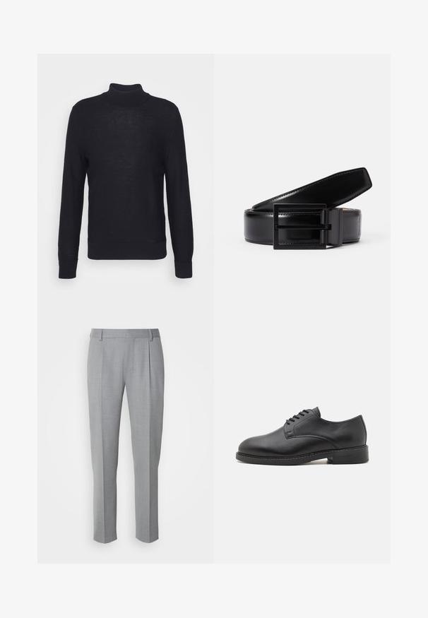 Sort turtleneck sweater lavet af letvævet materiale, med lange ærmer og ribbede manchetter og bund. Subtil tonal branding på brystet.; Grå skræddersyede bukser med en glat tekstur, som har en flad front, lige ben og diskrete folder for ekstra detalje.; Sort læder oxford sko med en rund tå, der har en glat overflade, fem huller til snørebånd og en lav stablet hæl.; Sorte læderbælte med en glat finish, der har en firkantet sort metalspænde. Bæltet har diskret syninger og et klassisk design.