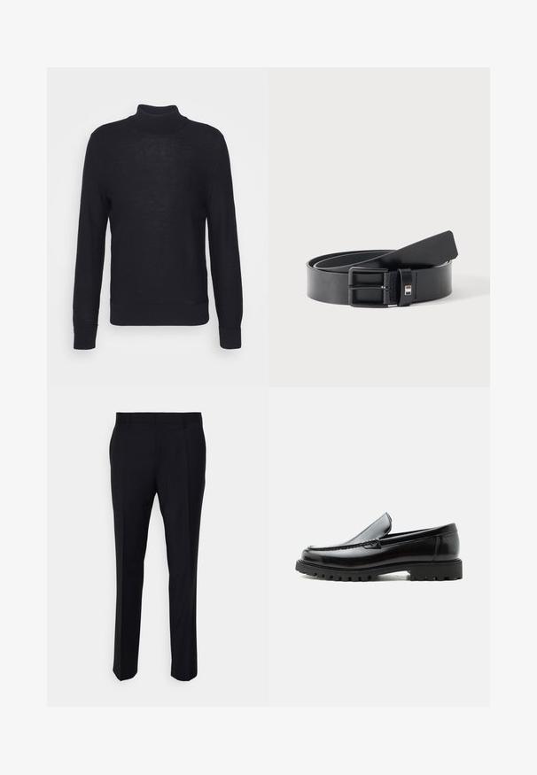 Sort turtleneck sweater lavet af letvævet materiale, med lange ærmer og ribbede manchetter og bund. Subtil tonal branding på brystet.; Sorte bukser lavet af vævet stof, med en skræddersyet pasform, flad front, sidelommer og lige ben-design.; Sort læderloafer med chunky gummisål, syet overdel og præget mærkenavn på hælen, vist i sideprofil på hvid baggrund.; Sort læderbælte med mat sort metalspænde, let rullet med remmenes ende hvilende på en hvid overflade.