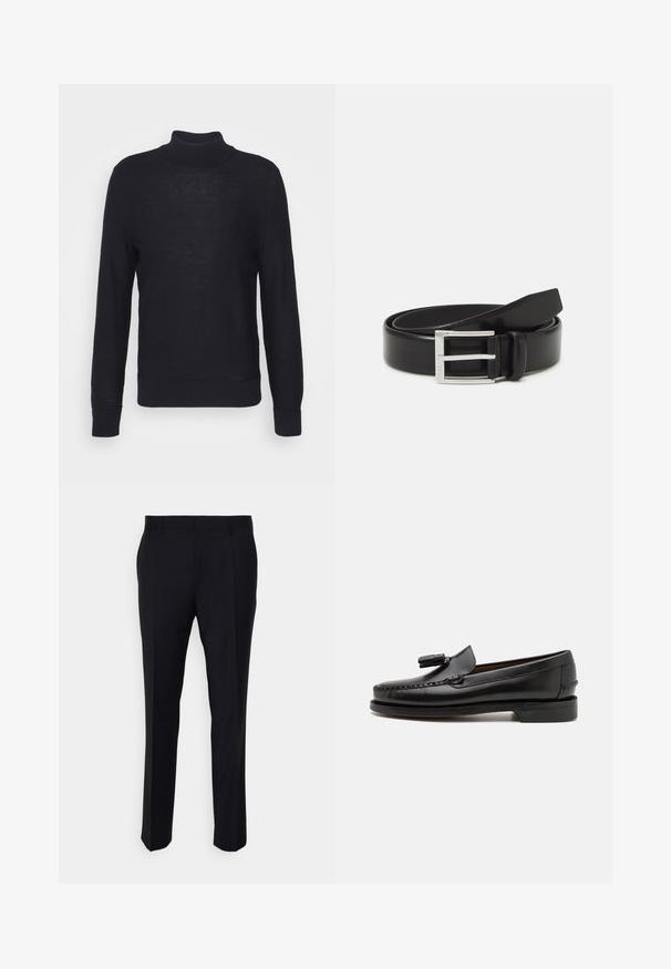 Sort turtleneck sweater lavet af letvævet materiale, med lange ærmer og ribbede manchetter og bund. Subtil tonal branding på brystet.; Sorte bukser lavet af vævet stof, med en skræddersyet pasform, flad front, sidelommer og lige ben-design.; Sorte læder loafers med mokkasinstik, en rund tå og en frynseaccent. Flad hæl med en glat tekstur, designet til afslappet brug.; Sort læderbælte med en blank finish; har en sølvmetal spænde med et rektangulært rammedesign og glatte kanter.