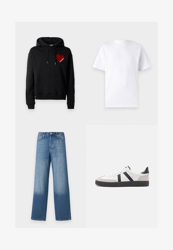 Hoodie noir avec une poche devant, cordons de serrage, et un graphic de cœur rouge avec le mot "FUTURE" en blanc. Matière en coton douce.; T-shirt blanc à manches courtes en coton avec un col rond, présentant une texture lisse et un design simple, sans motifs ni accents.; Jean droit taille haute bleu avec des dégradés au niveau des cuisses et une teinte plus foncée près des ourlets, avec un bouton avant et des poches visibles.; Baskets blanches avec des accents noirs et gris, présentant un embout texturé gris, une semelle en caoutchouc noir et des lacets plats blancs. Design épuré, style minimaliste.