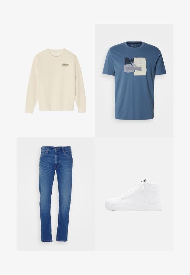 Beige collegepaita pyöreällä pääntiellä, pitkällä hihalla ja resorireunuksella. Rinnassa vihreä teksti "Club House Miami Beach, Florida".; Sininen puuvillapaita, jossa on kollaasiprintti edessä, erilaisin tekstuurein ja värein. Lyhyet hihat ja pyöreä kaula-aukko.; Ruosteenväriset farkut, joissa on suora lahje, viisi taskua, vyölenkit ja hienovarainen haalistumiskuvio etupuolella.; Valkoiset korkeat tennarit, jotka on valmistettu sileästä synteettisestä materiaalista. Sivussa on vetoketju, pyöreä kärki ja teksturoitu kumipohja.