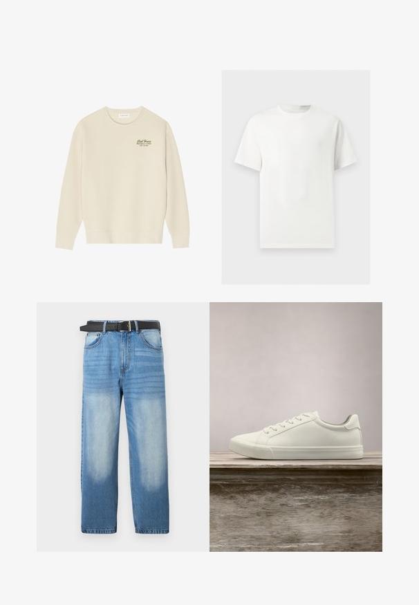 Beige sweatshirt med rund halsudskæring, lange ærmer og en ribbet kant. Har grøn tekst på brystet med teksten "Club House Miami Beach, Florida".; Enkelt hvid T-shirt med korte ærmer og rund hals vist på en lysegrå baggrund.; Lys blå denim jeans med lige ben, udstyret med et sort bælte, falmede pletter og subtil diagonalt mønster i den øverste sektion.; Hvide snørresneakers svævende over en træbænk med grønne planter i baggrunden, der fremhæver skodesign og tekstur.