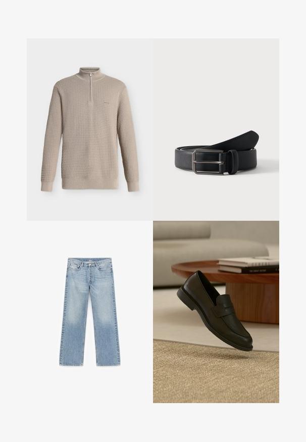 Pull beige en maille gaufrée, manches longues, col montant à demi-fermeture éclair, poignets et ourlet côtelés, présenté sur fond blanc.; Jean droit bleu clair avec un effet délavé, design à cinq poches, accessoires métalliques et fermeture éclair. Texture en denim lisse.; Chaussure mocassin en cuir noir présentée en suspension au-dessus d'un tapis beige tissé, avec une table en bois et des livres empilés dans un salon doucement éclairé.; Ceinture en cuir noir roulée avec une boucle métallique argentée rectangulaire sur un fond clair uni.