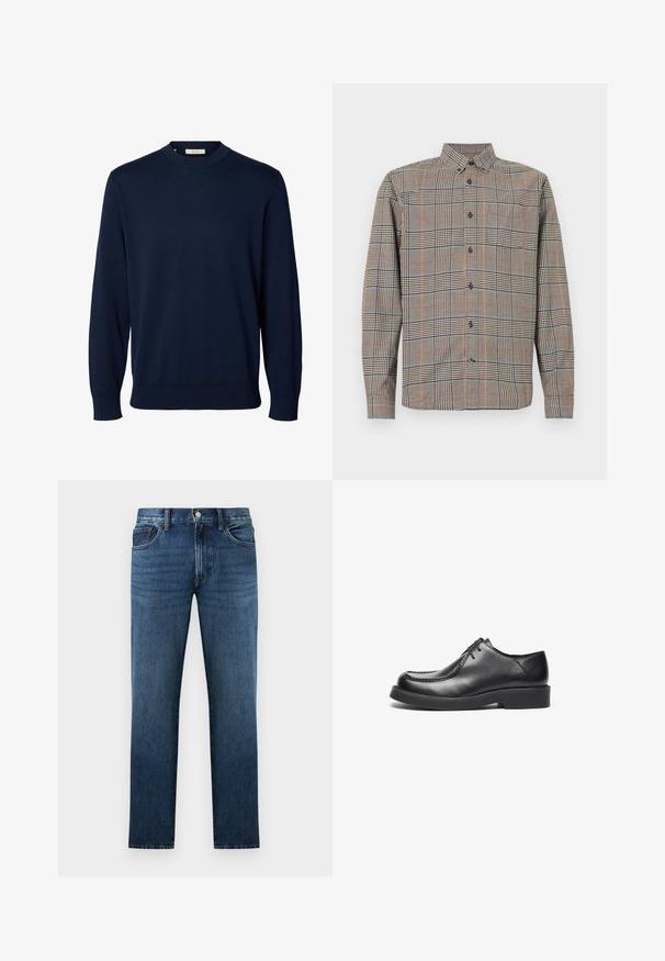 Pull bleu marine à manches longues et col rond, avec poignets et bas côtelés, étiqueté Selected au niveau du col.; Chemise à manches longues avec col classique, présentant un motif à carreaux beige et noir avec des lignes subtiles rouges et bleues.; Jean en denim bleu foncé à coupe droite avec fermeture à bouton et fermeture éclair à l'avant, poches avant et arrière, présenté sur fond blanc.; Chaussures en cuir noir avec un bout rond, des accents de couture droite et une semelle en caoutchouc à profil bas. Design classique et épuré, fermeture à lacets.