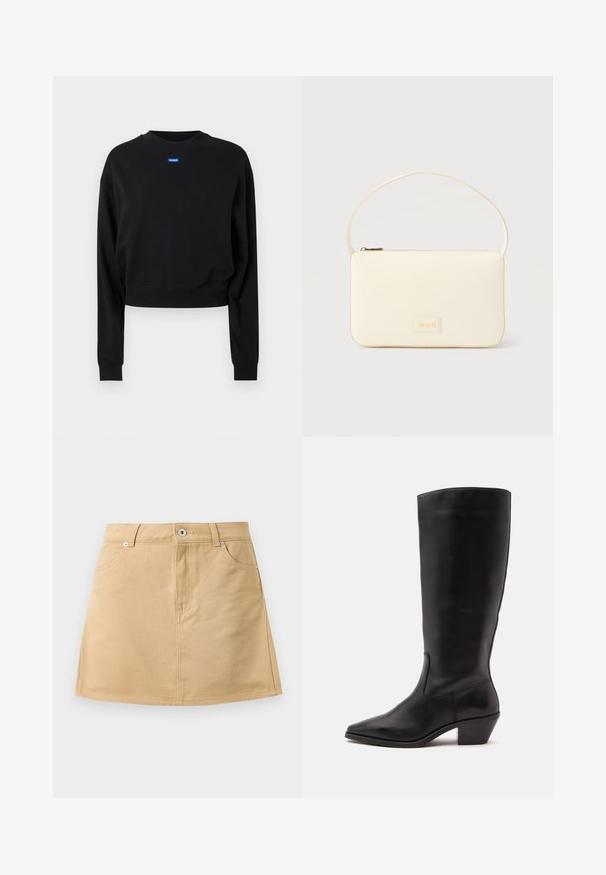 Sort cropped sweatshirt med lange ærmer og ribbede manchetter; har et blåt rektangulært logo mærke på forsiden nær halsudskæringen.; Beige denim miniskirt med frontlommer, bæltestropper og en metalknaplukning på en hvid baggrund.; Sort læderstøvle til midtkalv med spids tå og lavt skråt hæl på en enkel lys baggrund.; Kremfarvet rektangulær håndtaske med en enkelt rem og lynlås øverst, med en lille præget logo-plakette foran.