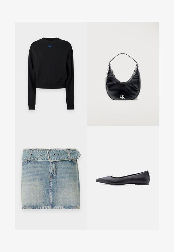 Sort cropped sweatshirt med lange ærmer og ribbede manchetter; har et blåt rektangulært logo mærke på forsiden nær halsudskæringen.; Denim miniskirt med en lys blå vask, som har en belagt talje med en metalspænde, fem lommer og subtil slid, der giver tekstur.; Sort flad lædersko med spidst tåparti og lav hæl, vist i sideprofil mod en hvid baggrund.; Sort lædertaske i halvmåneform med kort strop og sølvfarvet "cK"-logo foran, lynlåslukning i toppen.